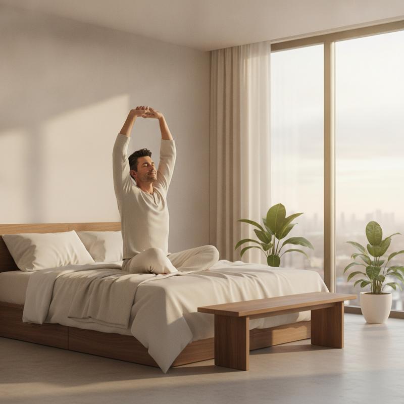 Calm adult waking rested in soft morning light after overnight recovery