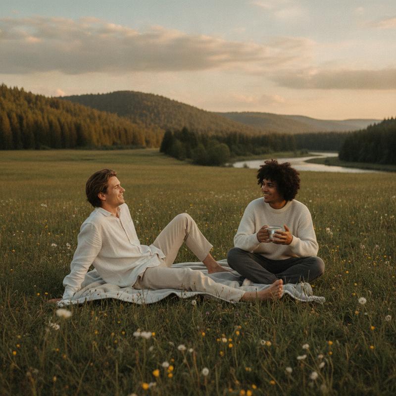 Two friends relaxing outdoors during a calm social moment — Cheers botanical wellness