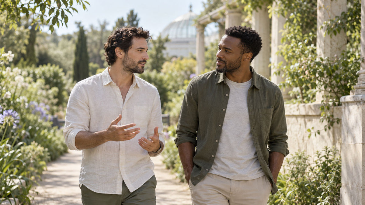 Two adult men having a quiet conversation on a sunlit botanical garden path