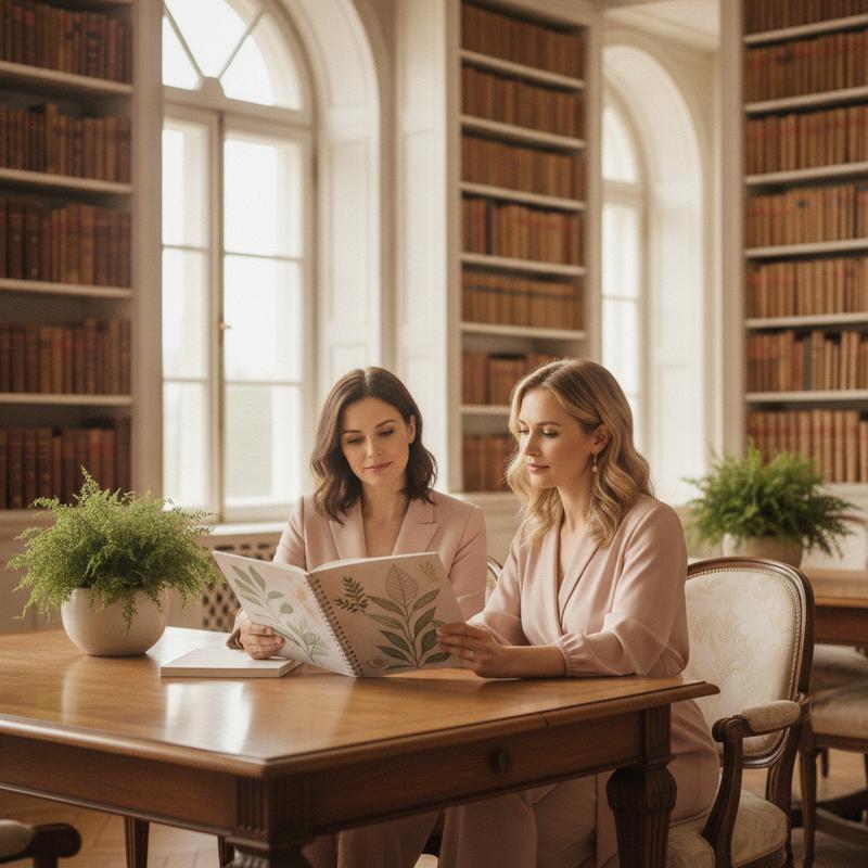 Two women reviewing a botanical wellness label in a sunlit premium library - Vitalux Women guide