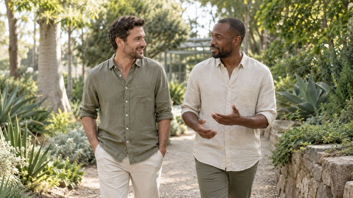 Two adult men walking and talking along a sunlit botanical garden path