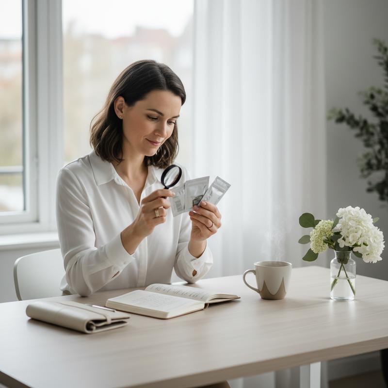 Woman reviewing supplement labels with care at a bright minimalist desk — women's mood and libido supplement buyer's guide