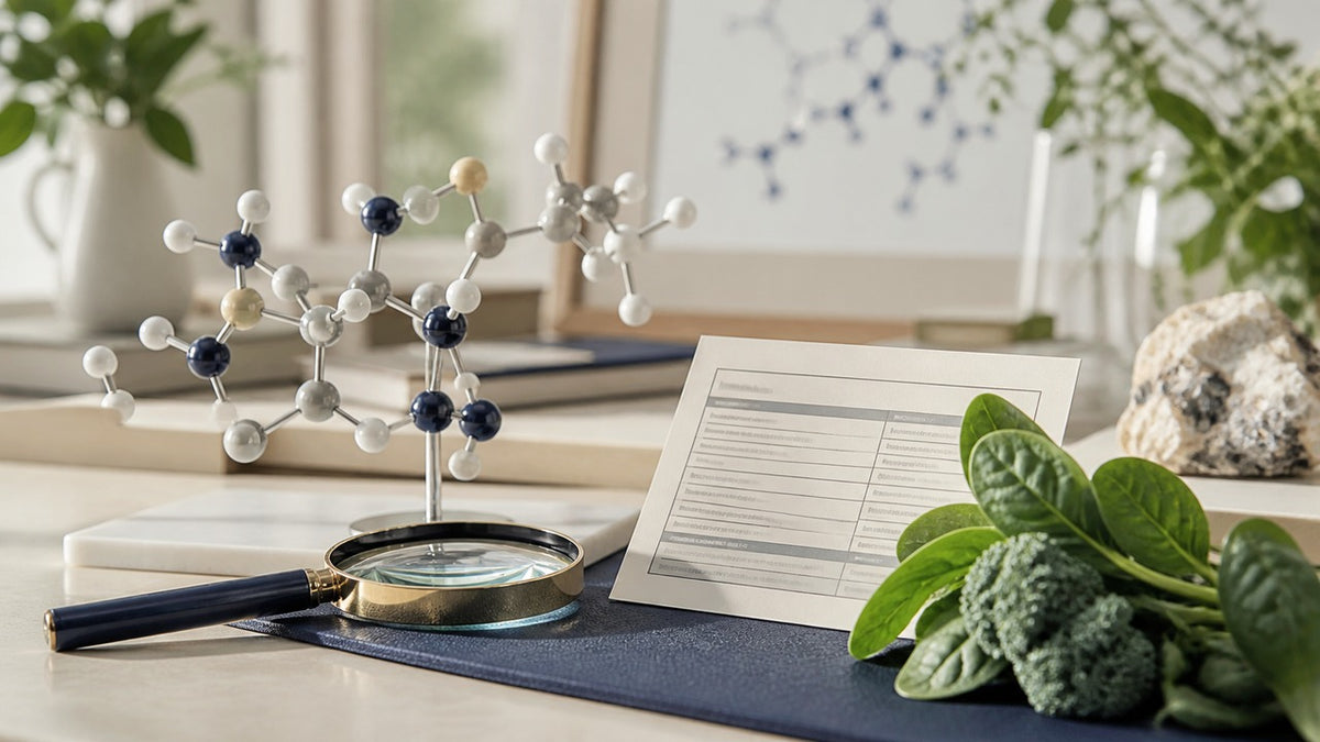 Folate label-research desk with molecular model, magnifying glass and leafy foods
