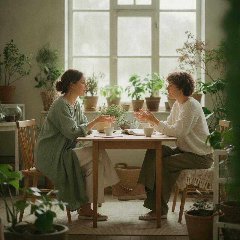 Two women in a sunlit botanical studio sharing a calm monthly wellness moment - FemBalance calm support