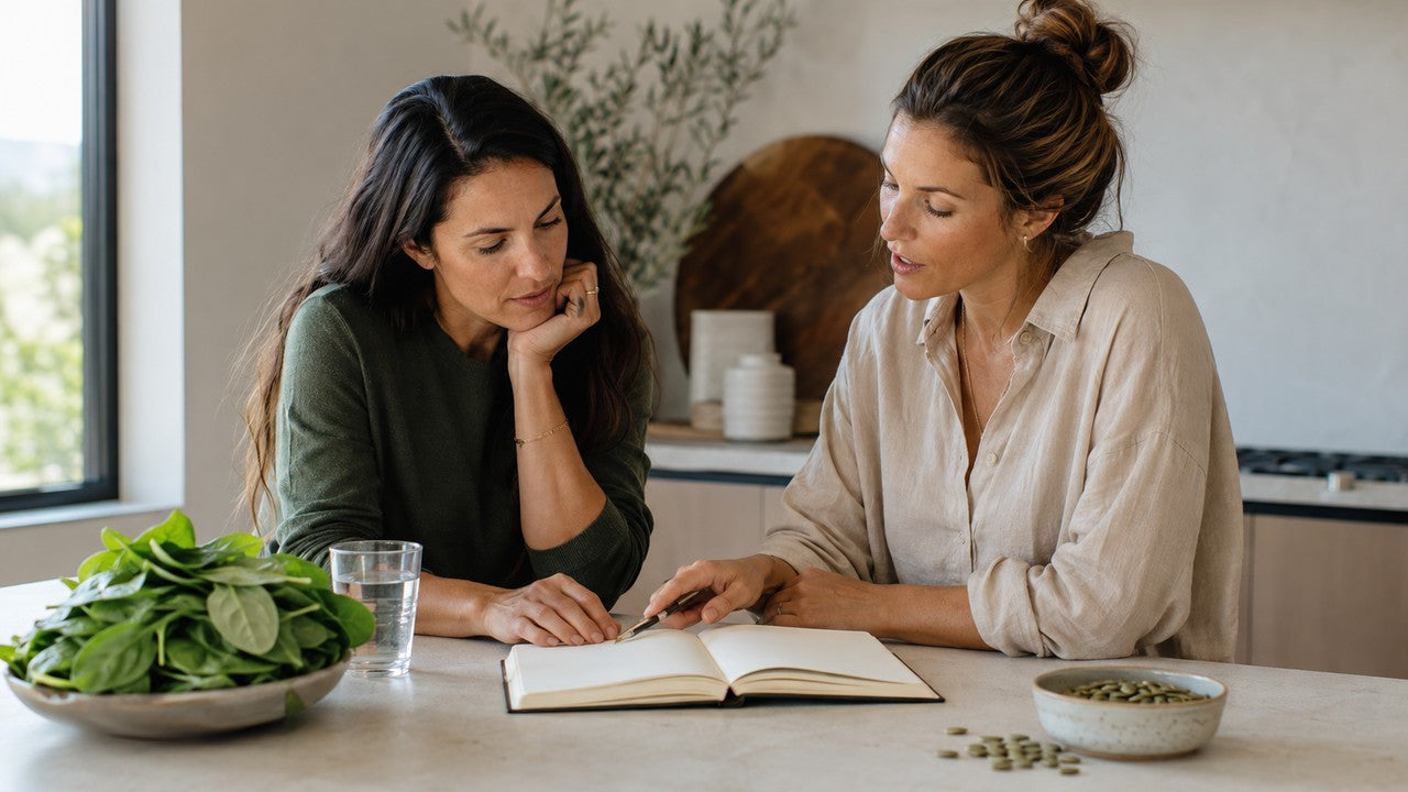 Two women discussing notes at a bright kitchen island with leafy greens, pumpkin seeds and water