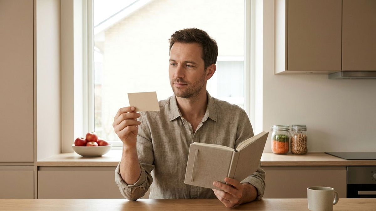 Adult man comparing a supplement label with a nutrition notebook in a calm kitchen - boron 3 mg in AndroWeight guide