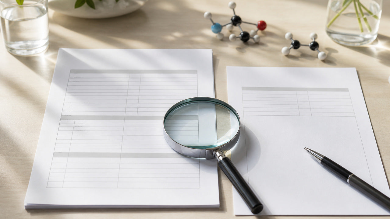 Neutral research desk prepared for an Acusilence acetyl-L-carnitine dose audit