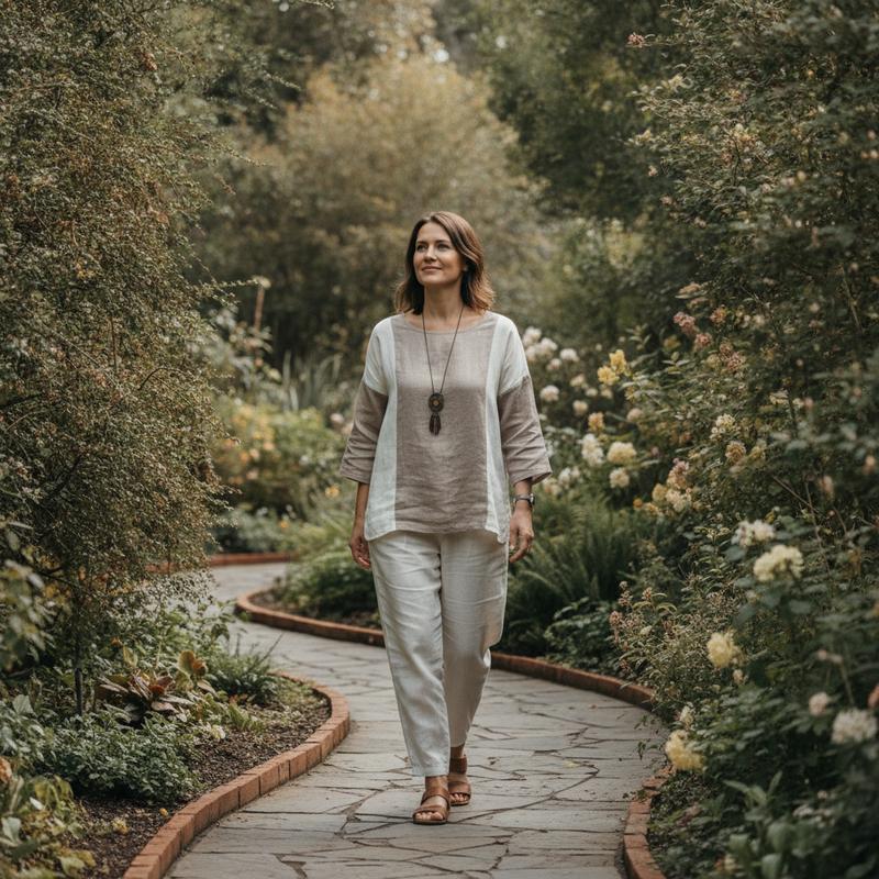 Adult walking through a sunlit botanical garden conveying daily cellular energy and vitality