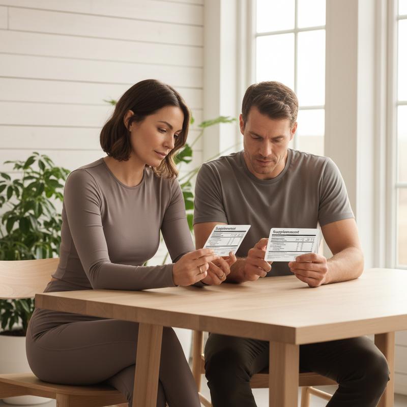 Two individuals in a European wellness studio comparing premium supplement options — BioEssentials vs Solgar