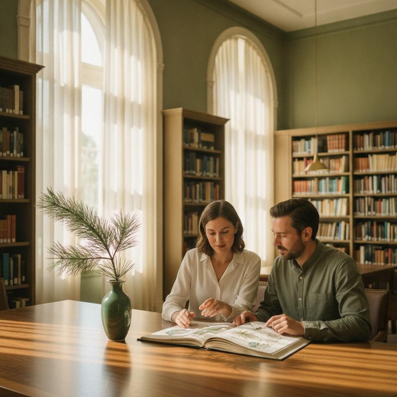 Two adults reviewing a botanical field journal in a sunlit library - SperBalan maritime pine guide