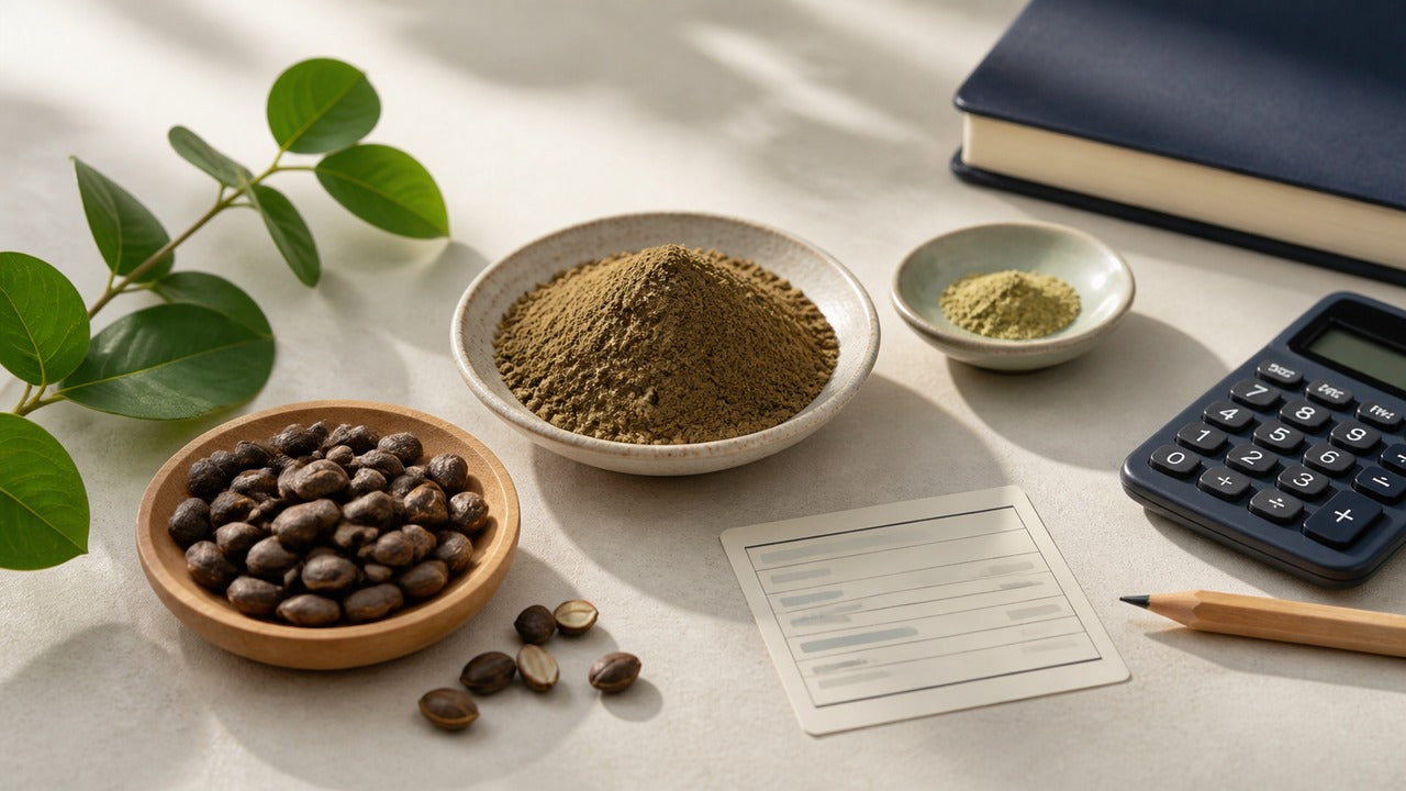 Griffonia seeds beside a simple extract-percentage calculation on an editorial desk