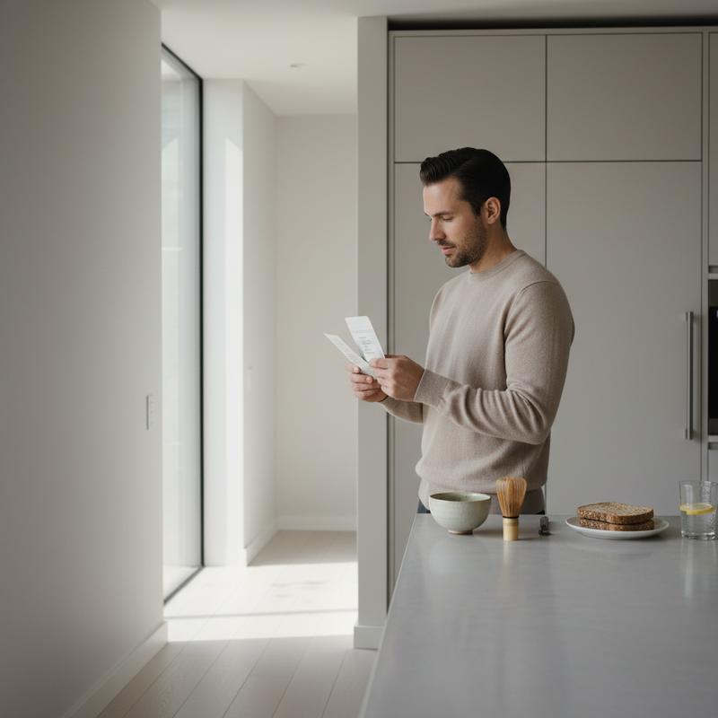 Man in his 30s in a premium minimalist kitchen carefully reviewing supplement labels — male reproductive support supplement buyer's guide