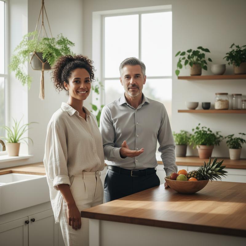 Two people in a premium natural wellness setting, morning light, calm healthy lifestyle
