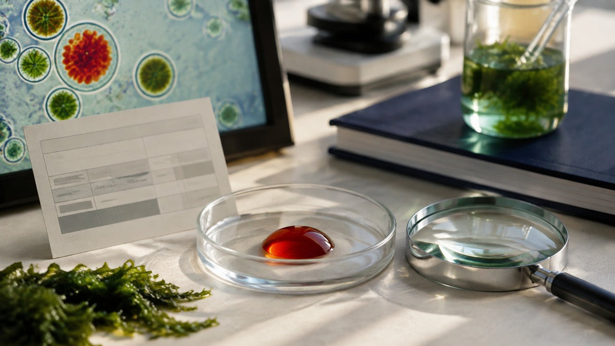 Astaxanthin oleoresin label-research desk with red sample and algae microscopy