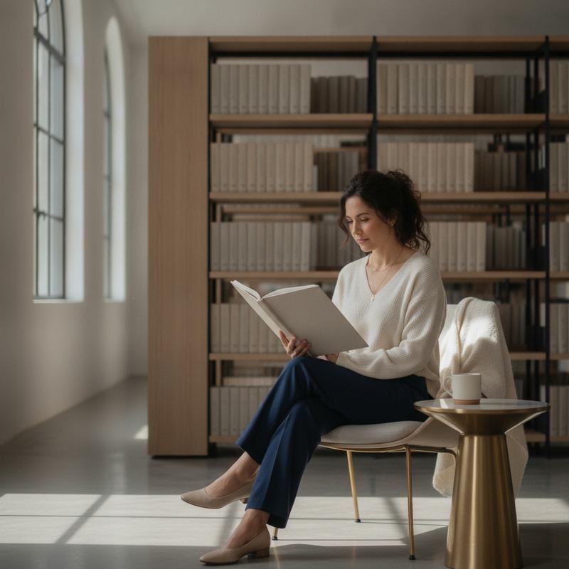Woman enjoying a calm quiet reading moment in a premium library - Acusilence NAC auditory wellness guide