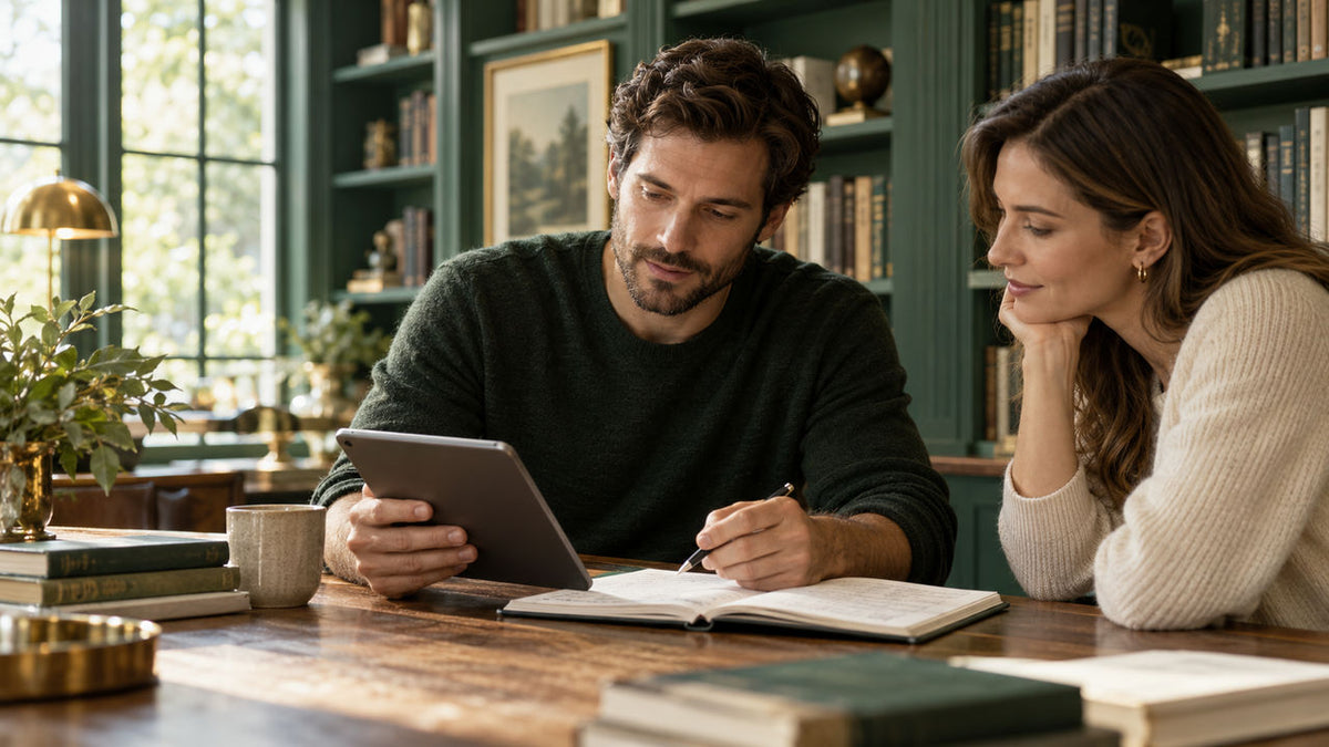 An adult man comparing product information with a friend in a quiet premium library