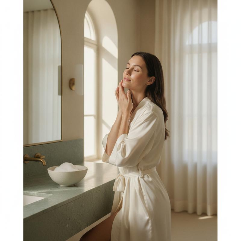 Woman following a calm morning skin wellness routine - SkinGlow wheat ceramide and skin barrier guide