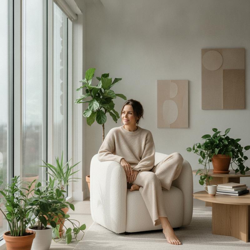 Calm woman in a bright natural setting — FemBalance monthly comfort and mood support