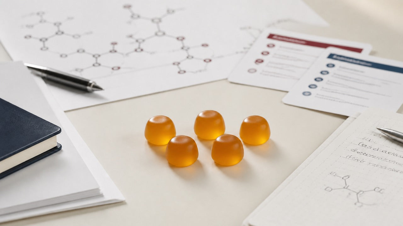 Five-gummy NAC 300 mg label reference beside neutral human study materials