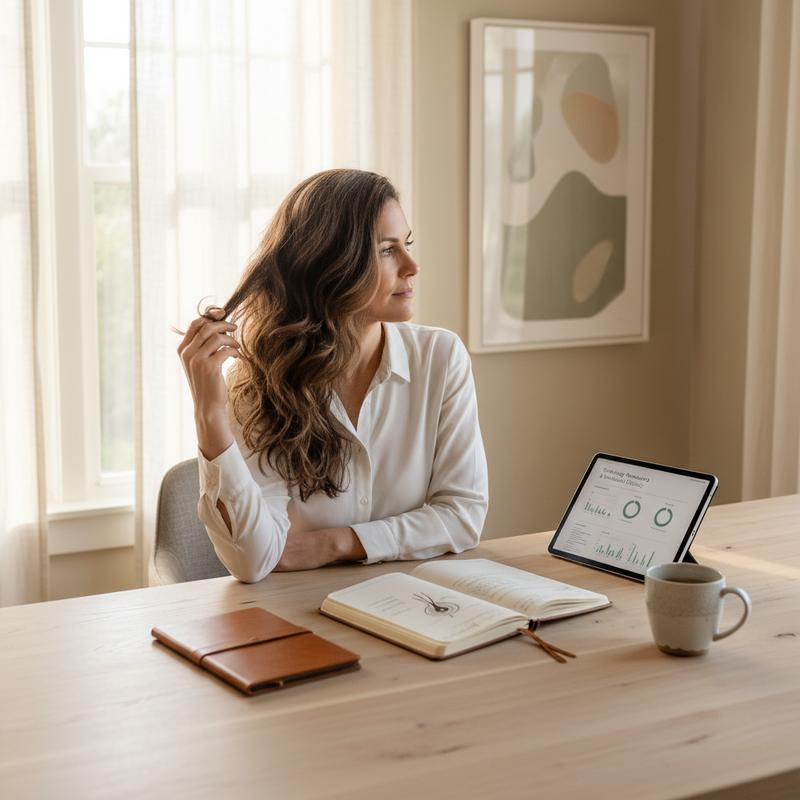 Woman with healthy thick hair reviewing supplement information at a bright desk — hair supplement buyer's guide beyond biotin