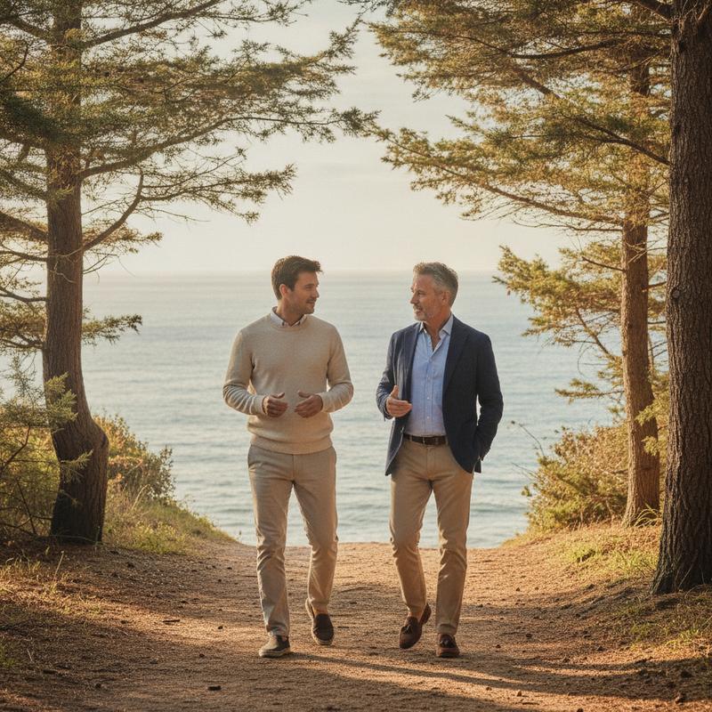 Two men walking on a coastal pine path at sunrise - selenium and everyday male wellness