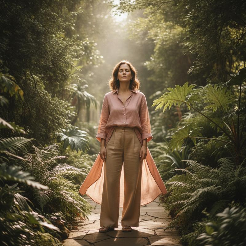 Woman in her thirties standing calmly in a sunlit botanical garden, steady premenstrual mood and emotional balance