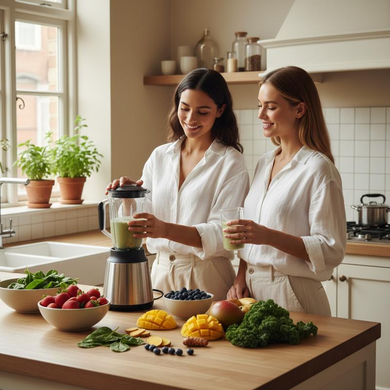 Two women in a bright natural kitchen preparing a health smoothie with fresh fruits, glowing clear skin, premium wellness photography