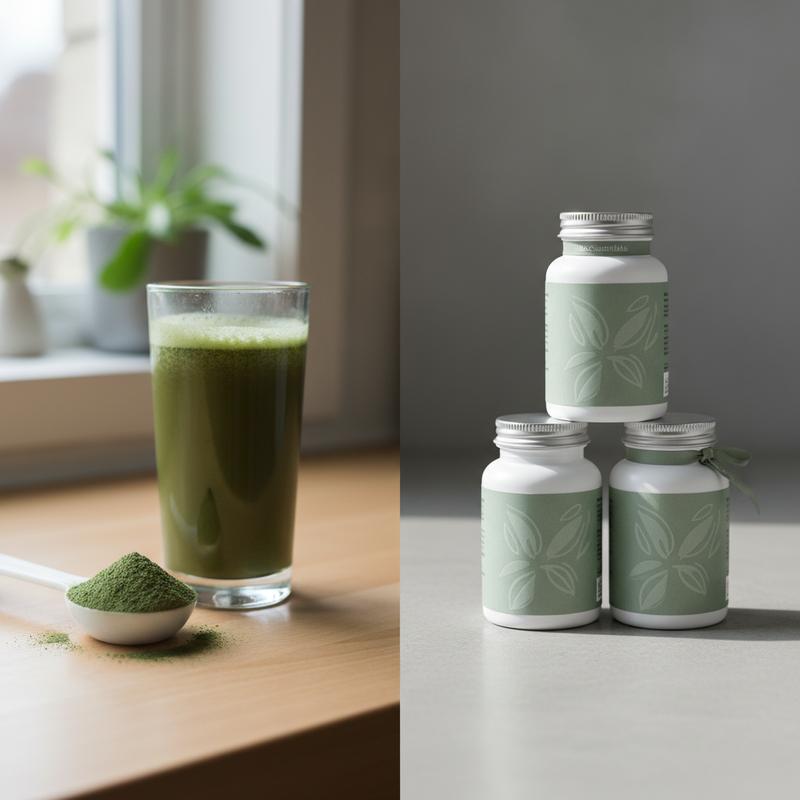 Split visual showing all-in-one greens powder and three modular BioEssentials specialist supplement formulas, illustrating modular vs all-in-one supplement choice