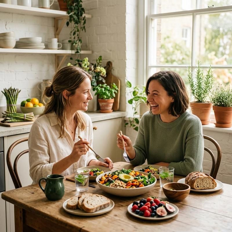Two women sharing a wholesome meal in a bright minimalist kitchen, representing gut health and daily wellness — HARMONY Pre+Probiotics Complex by BioEssentials