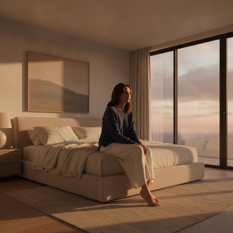 Woman resting calmly in a premium bedroom at dusk, representing natural melatonin-free sleep support