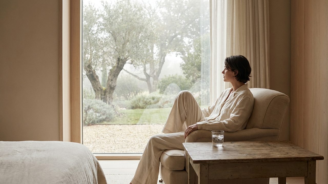 Calm person resting at home in soft morning light during a next-day wellness routine
