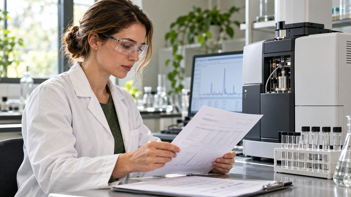 Laboratory analyst reviewing a report beside analytical equipment and sample tubes