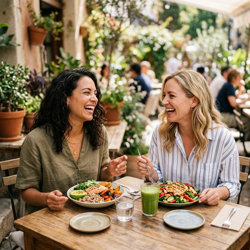 Two friends enjoying a healthy meal outdoors — HARMONY® complete gut support formula