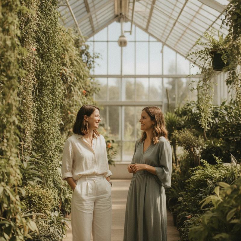 Two women in their thirties in a sunlit botanical greenhouse — everyday wellness and clarity