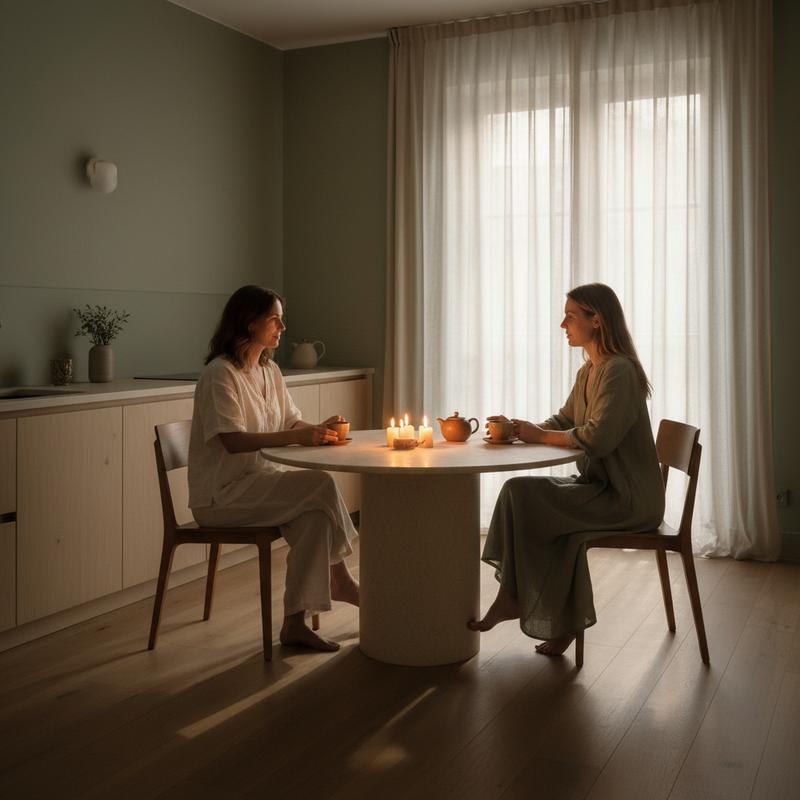 Two women winding down for the evening over herbal tea in a minimalist kitchen — SLEEPWELL night routine supplement for calm and better rest