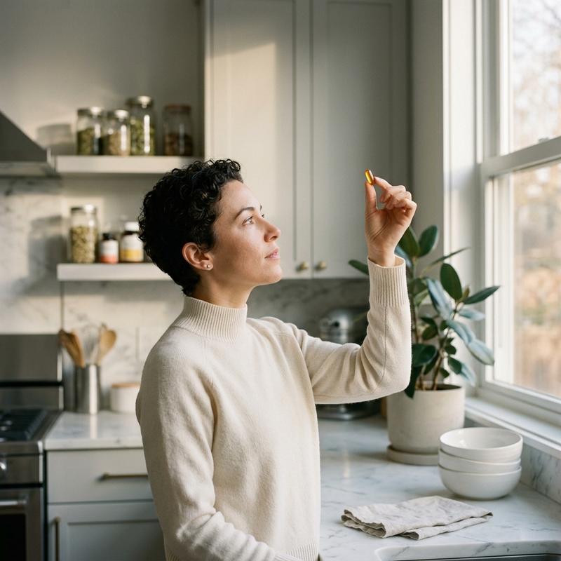 Woman examining a probiotic capsule in clean laboratory light — HARMONY 10 probiotic strains