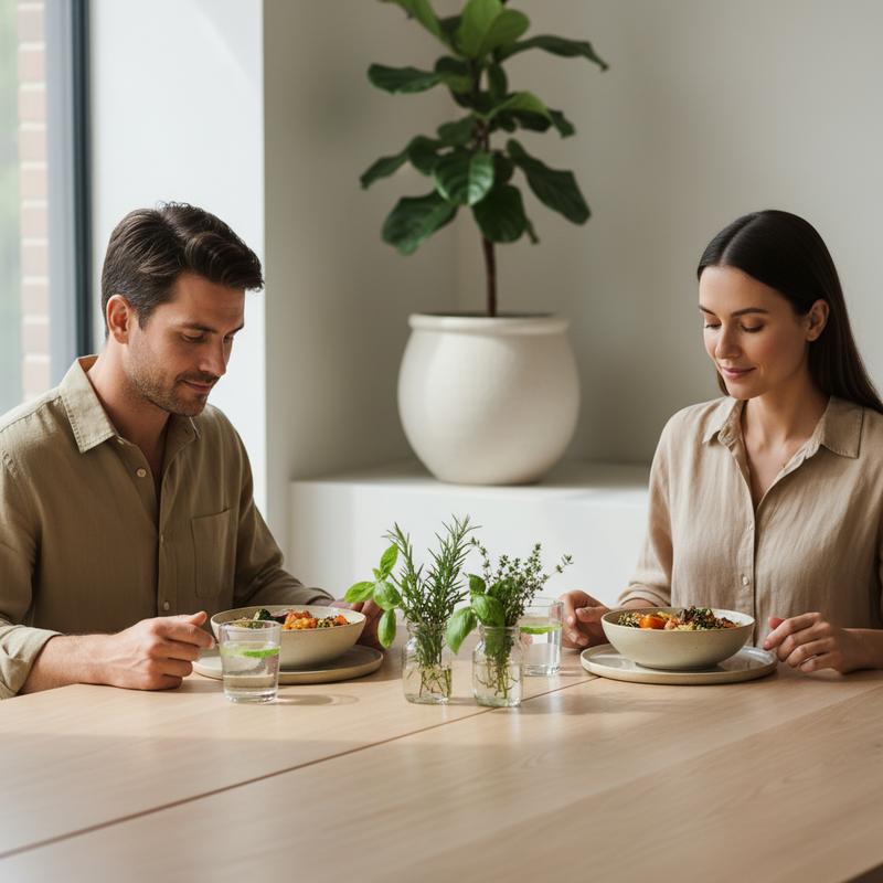 Two adults sharing a mindful meal in soft natural light — representing digestive wellness and supplement absorption