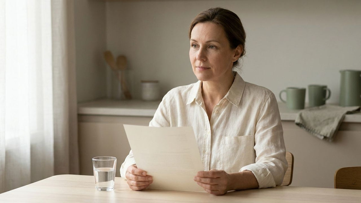 Adult woman reading a plain ingredient information sheet at a bright kitchen table beside a glass of water