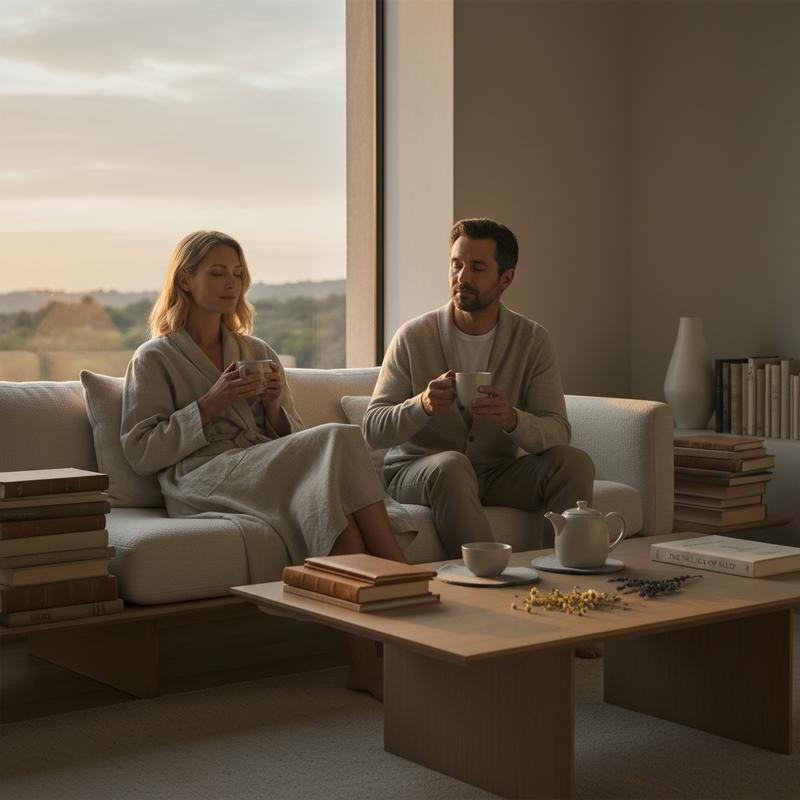 Two people in a calm evening setting supporting natural sleep preparation with serotonin pathway wellness — SLEEPWELL