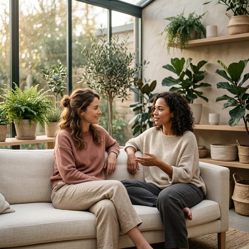 Two women in a sunlit botanical garden sharing calm wellness — FEMBALANCE cycle support formula by BioEssentials