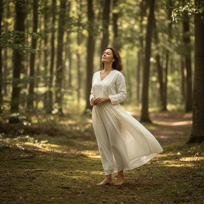 Woman listening calmly in a sunlit forest clearing — ACUSILENCE inner-ear and auditory wellness support