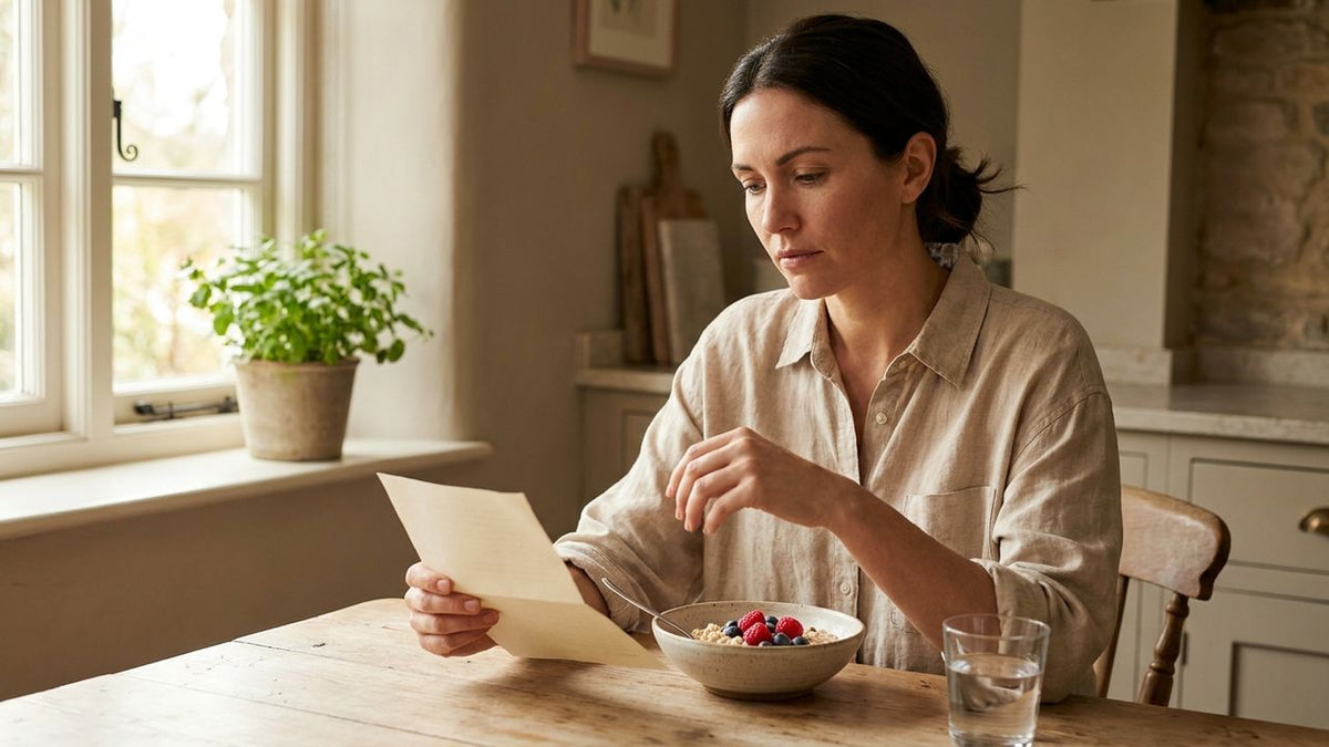 Woman reading printed nutrition notes at a sunlit kitchen table beside a plant-based breakfast