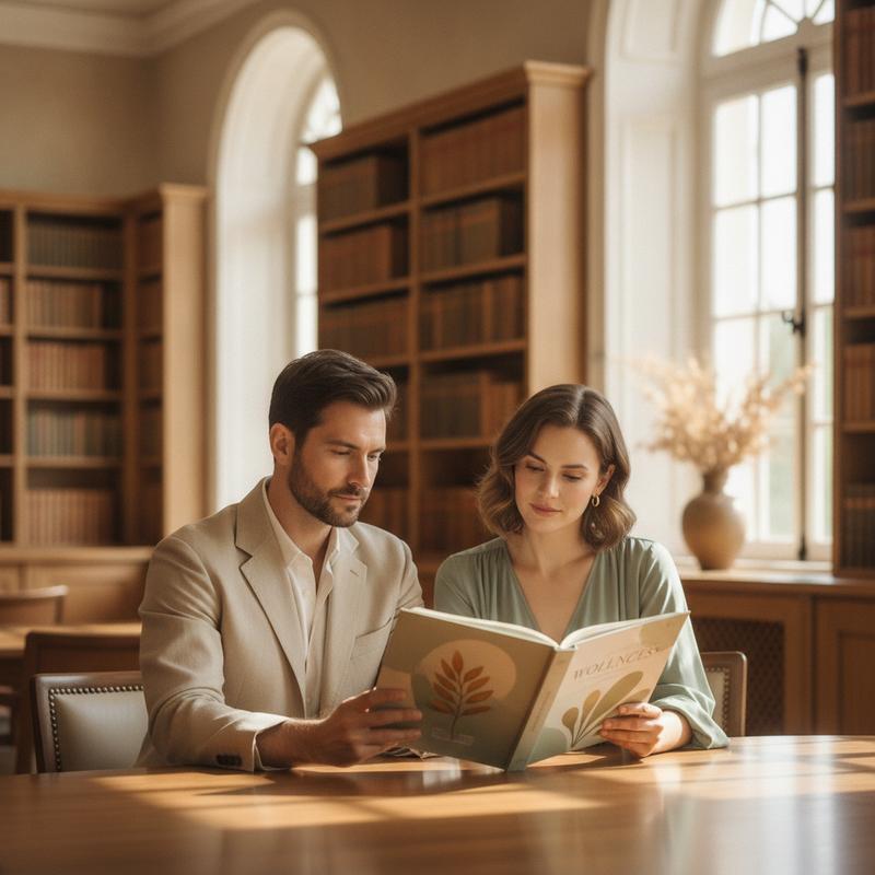 Two adults reviewing a botanical wellness journal in a sunlit library - AndroWeight label-first guide