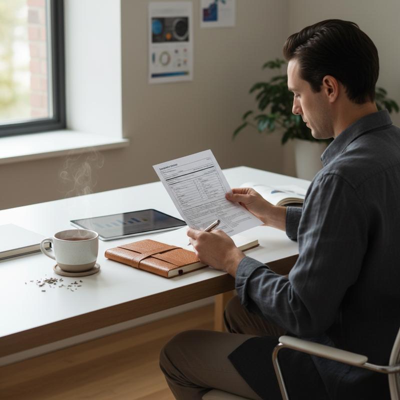 Premium scientific wellness photo of a person reading supplement labels in a calm minimalist setting