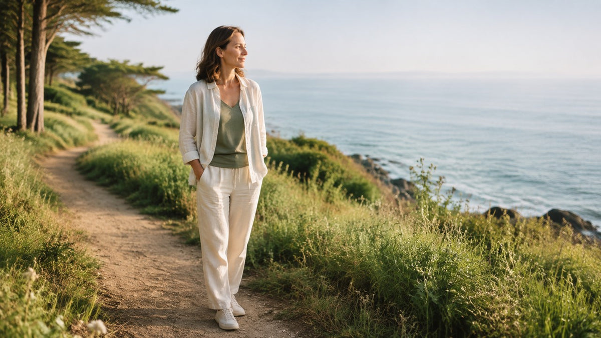 Woman walking beside a calm coastline in natural morning light