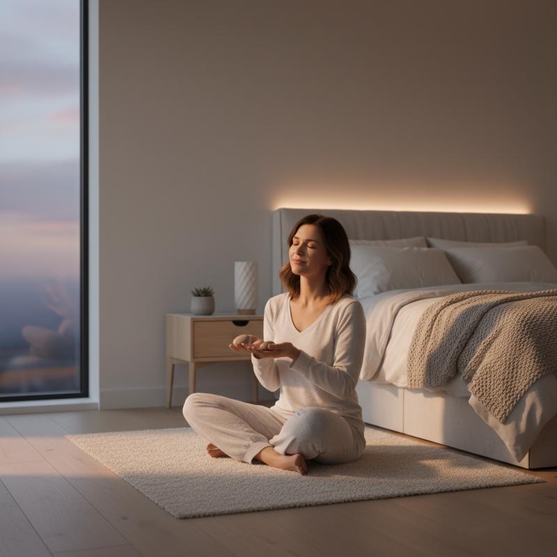 A woman relaxing in a calm dimly lit bedroom in the evening — SLEEPWELL melatonin-free sleep support