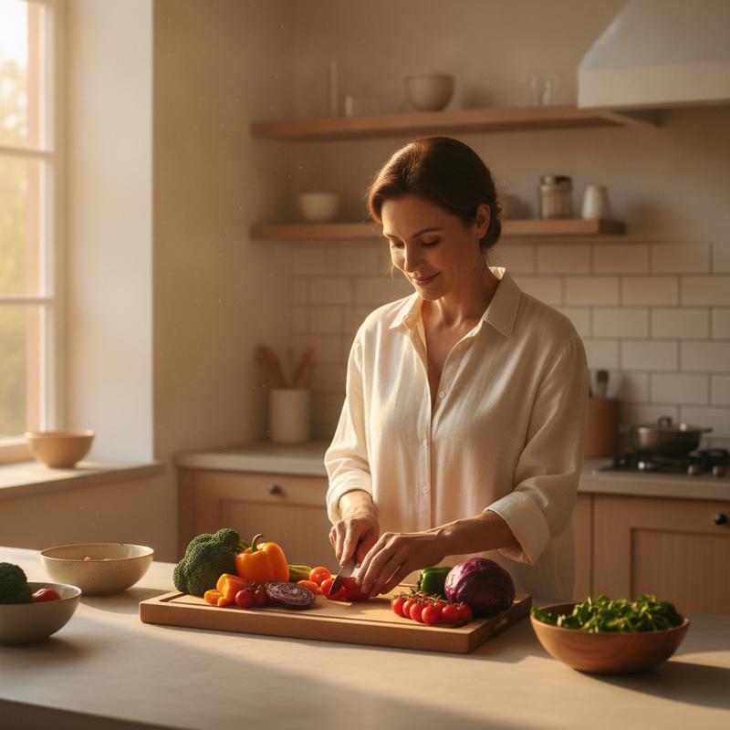 Calm woman preparing a fresh vegetable meal in a bright kitchen — PureDetox daily liver support and metabolic wellness