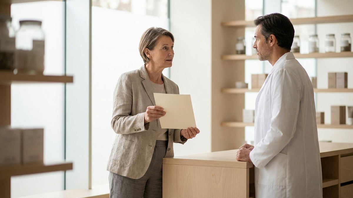 Adult talking with a pharmacist across a bright pharmacy counter while holding a printed sheet