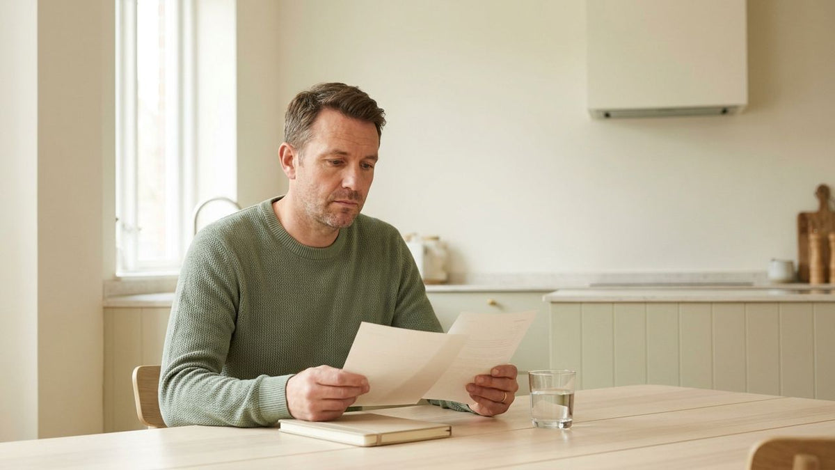 Adult man comparing plain printed ingredient notes at a sunlit kitchen table before choosing a daily supplement