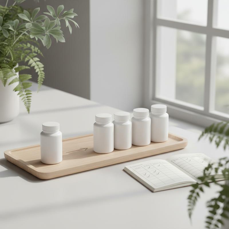 A beginner-friendly visual showing a single supplement bottle on day one with a roadmap leading to a small two-formula and three-formula modular stack across four weeks, illustrating the gradual buildup approach